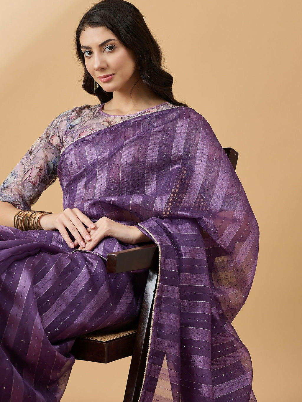Purple Cotton Blend Sequence Work Saree with Stitched Blouse - Dharavi | Grocsy