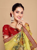 Sangria Floral Printed Embroidered Organza Saree | Grocsy
