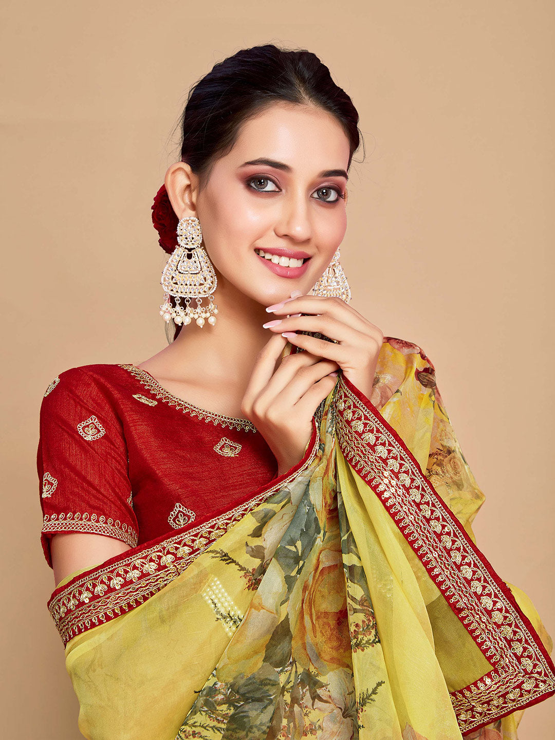 Sangria Floral Printed Embroidered Organza Saree | Grocsy