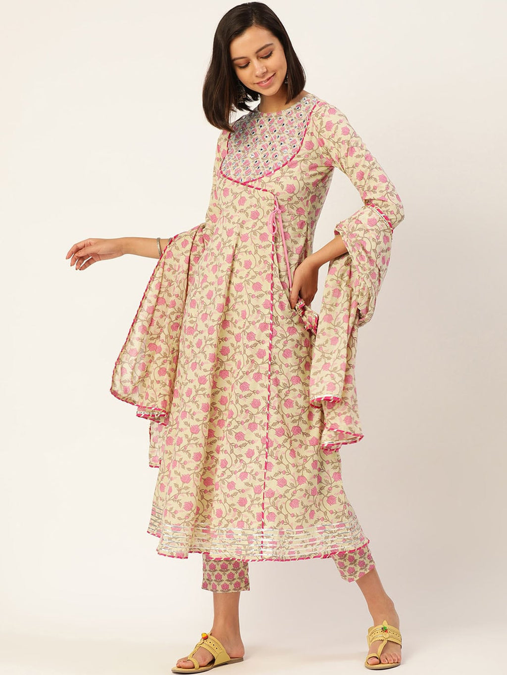 HERE&NOW Women Pink Floral Printed Angrakha Pure Cotton Kurta with Trousers & With Dupatta | Grocsy