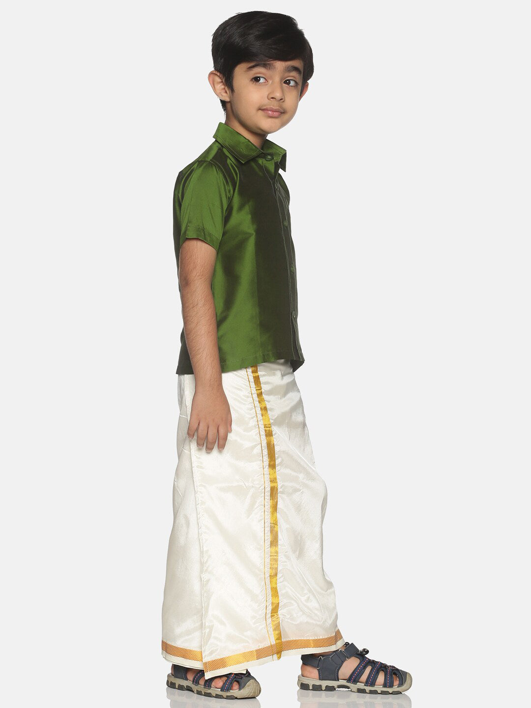 Sethukrishna Olive Green & White Solid Shirt and Veshti Set For Boys | Grocsy