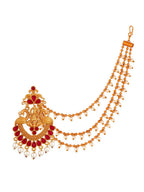 Aadita Red Gold-Toned & White Pearls Studded Contemporary Drop Earrings With Hair Chain | Grocsy