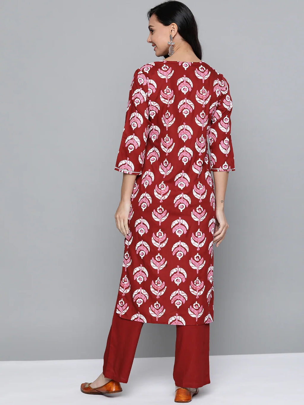 HERE&NOW Women Maroon & Pink Ethnic Motifs Printed Regular Gotta Patti Kurta with Trousers | Grocsy