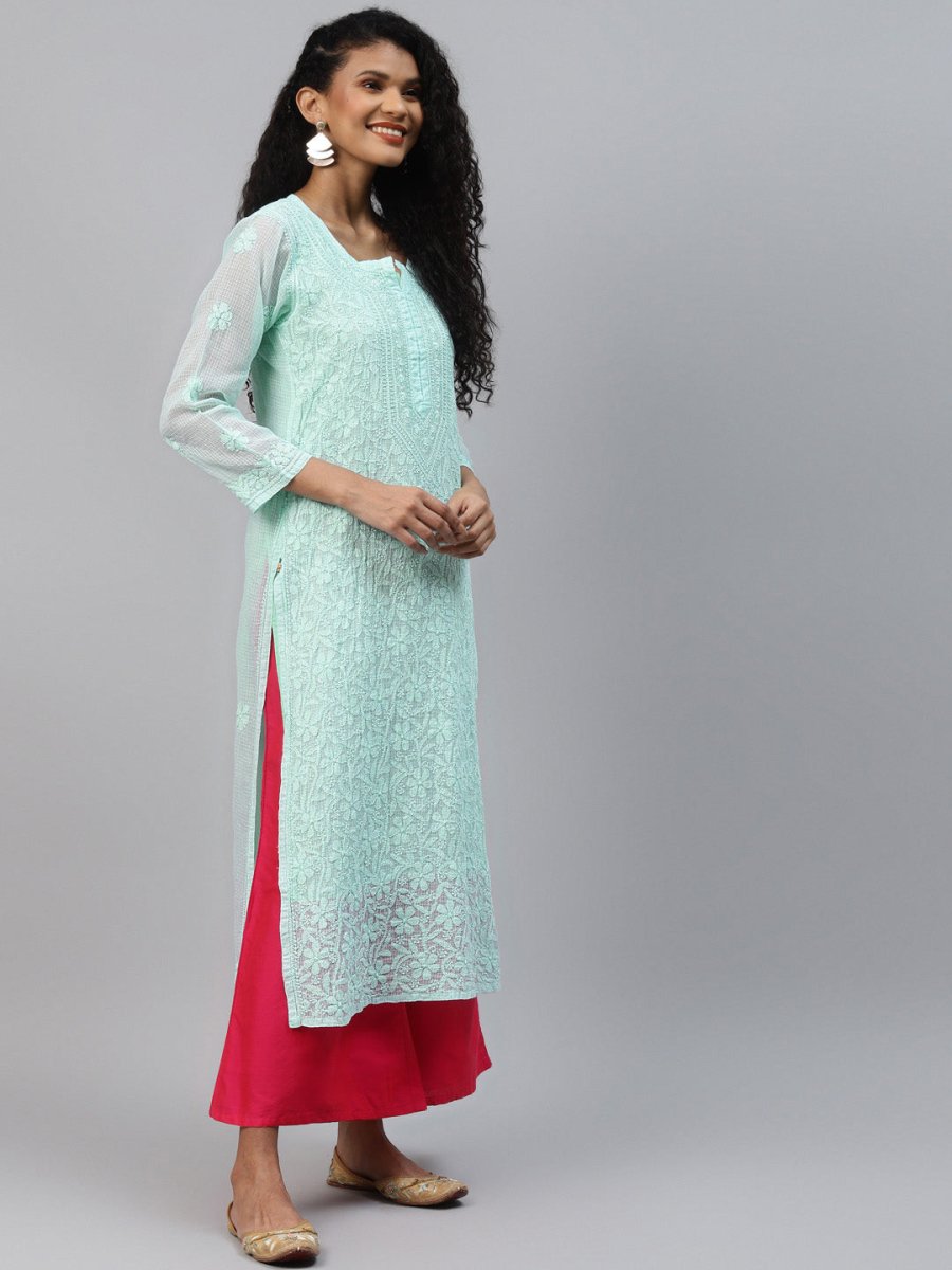 ADA Women Sea Green Chikankari Hand Embroidered Straight Kota Handloom Kurta With Matching Slip | Grocsy