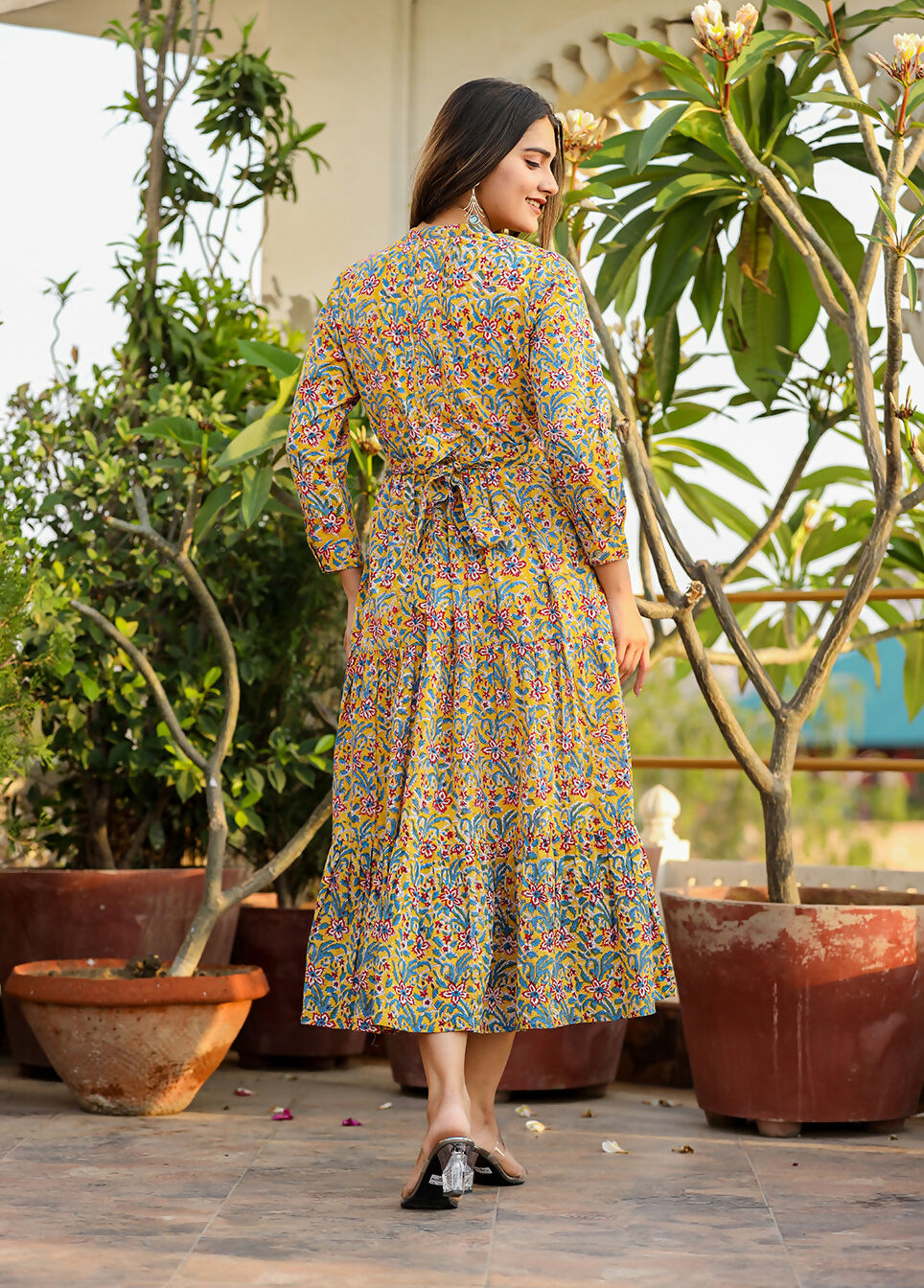 Kaajh Women's Yellow Floral Handblock Print Cotton Dress | Grocsy
