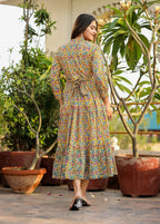 Kaajh Women's Yellow Floral Handblock Print Cotton Dress | Grocsy