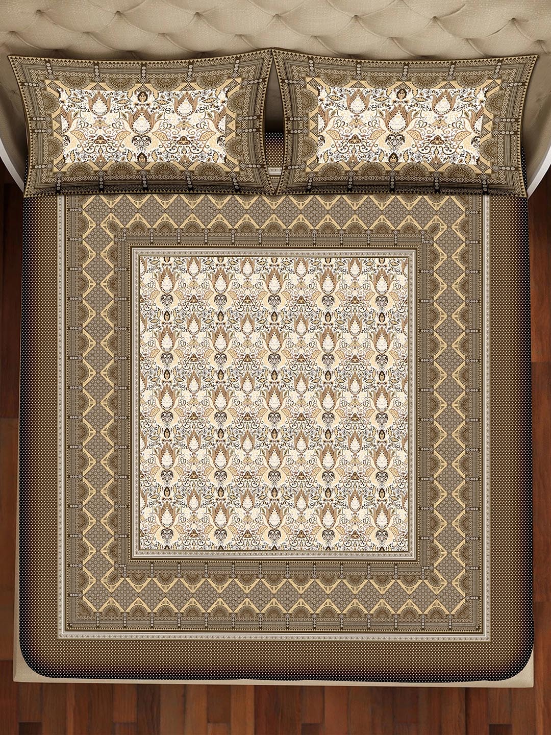 BELLA CASA Brown & Beige Ethnic Motifs Cotton 350 TC King Bedsheet with 2 Pillow Covers | Grocsy