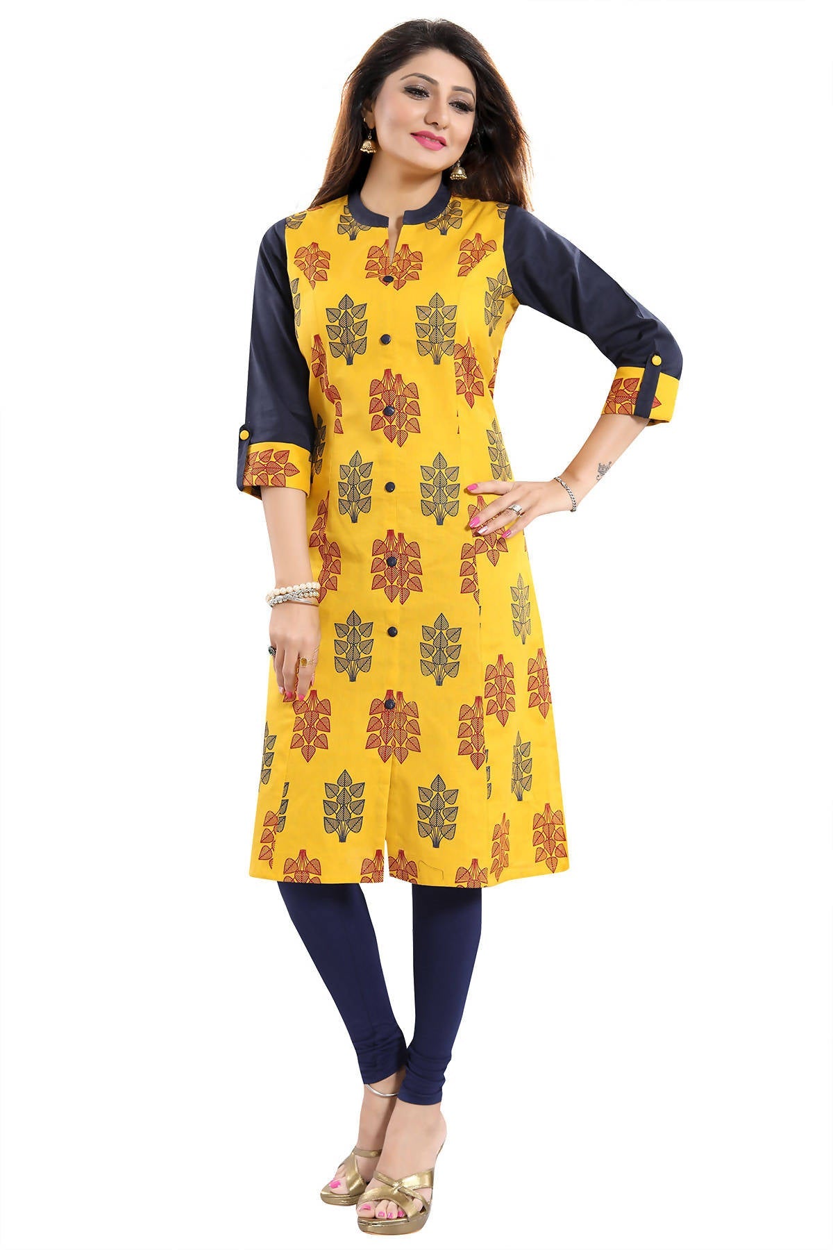 Snehal Creations Luscious Lemon Yellow Shirt Style Cotton Printed Tunic | Grocsy