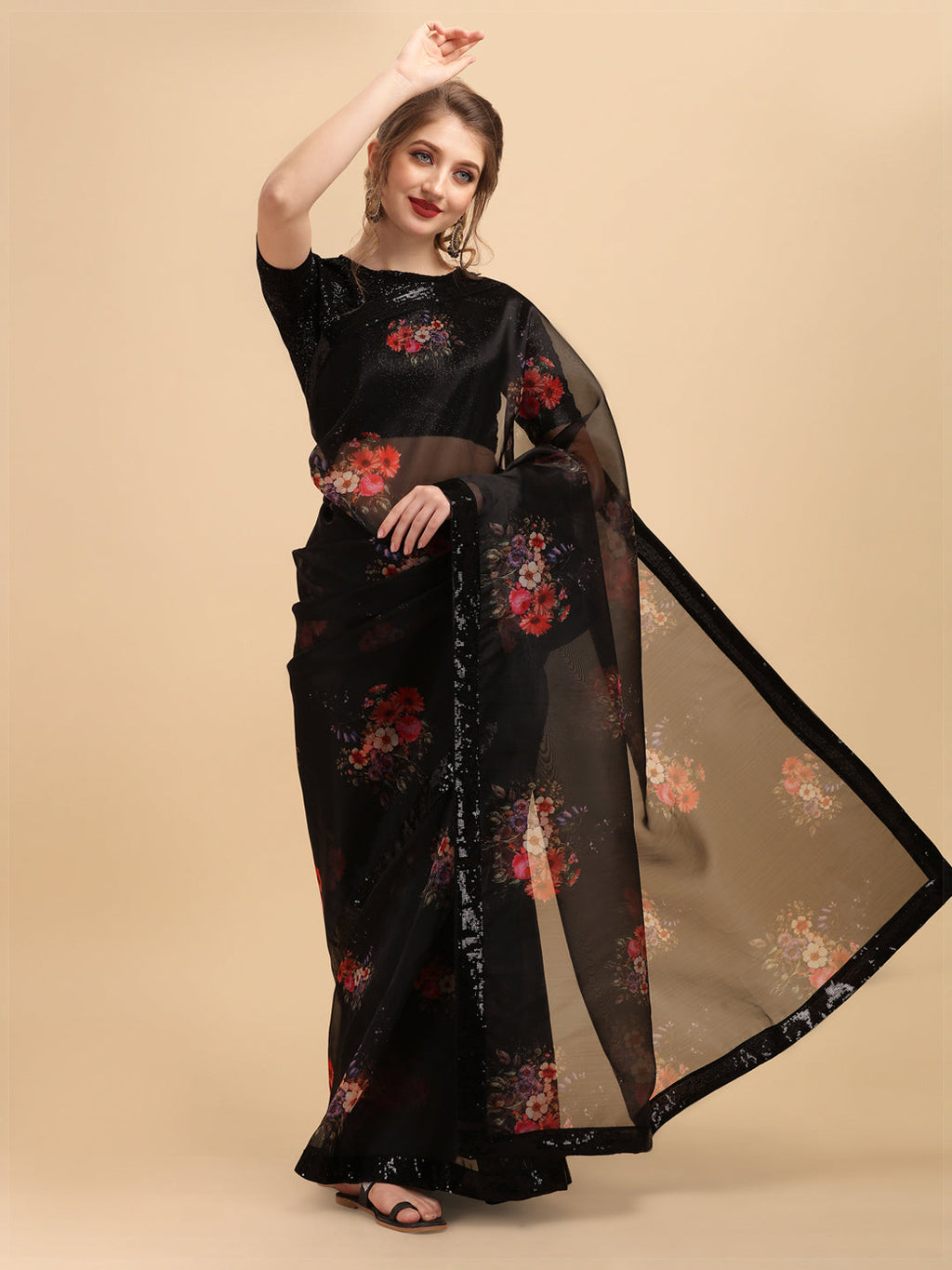 Sangria Black & Coral Floral Sequinned Organza Celebrity Saree | Grocsy