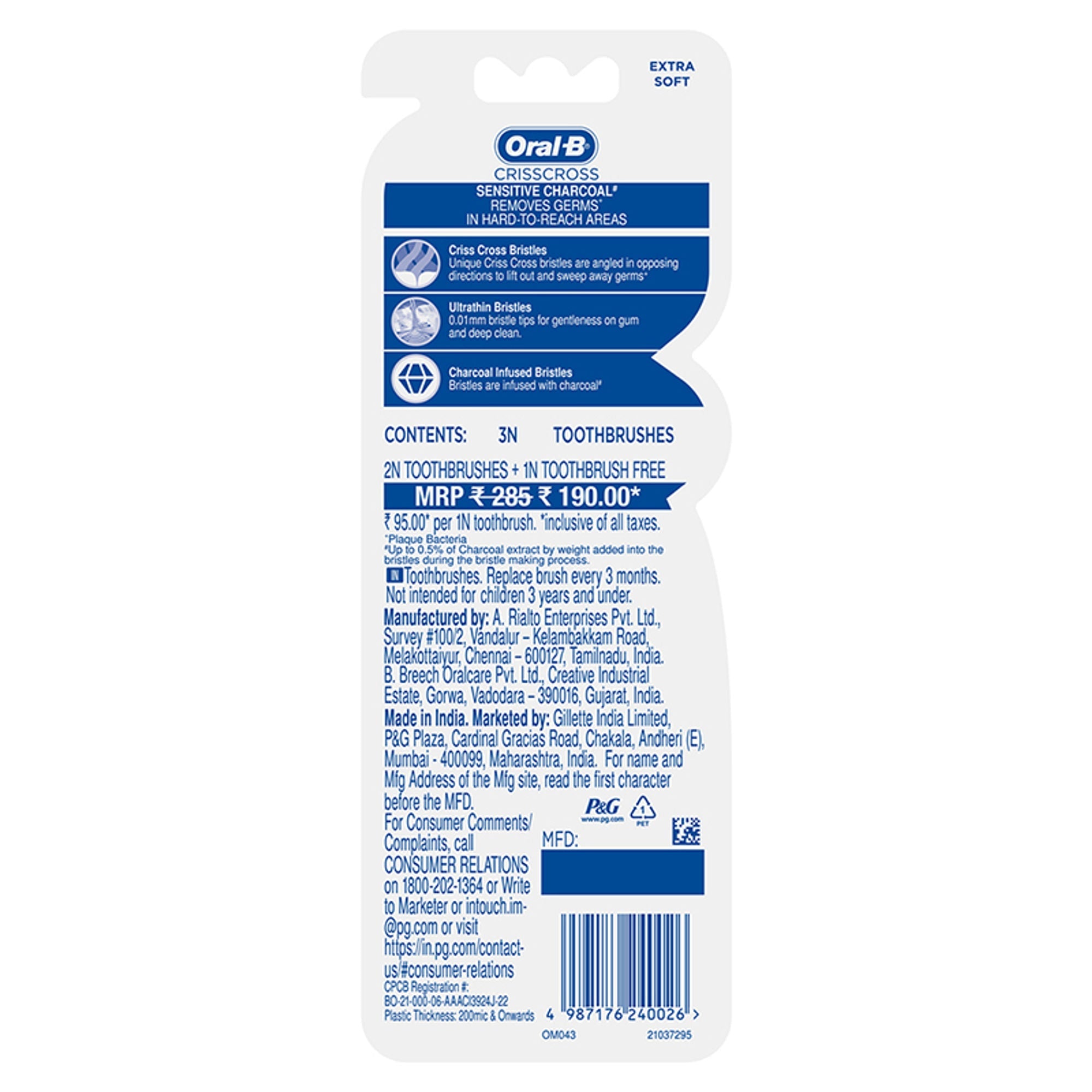 Oral-B Pro-Health Criss Cross Charcoal Toothbrush - Extra Soft (Buy 2 Get 1 Free) | Grocsy