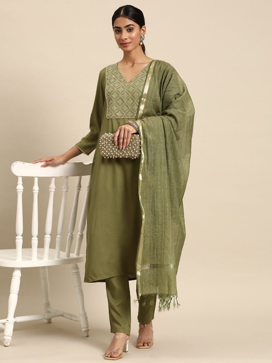All About You Ethnic Motifs Yoke Design Regular Kurta with Trousers & With Dupatta | Grocsy