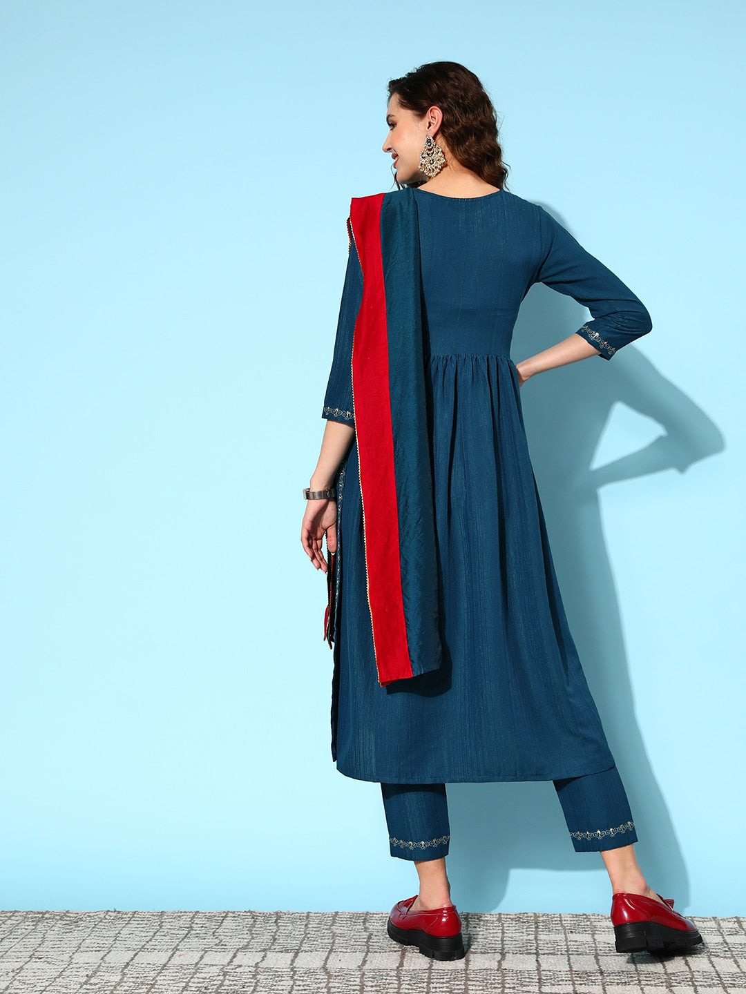 Sangria Ethnic Motifs Yoke Design Pleated Sequinned Kurta with Trousers & Dupatta | Grocsy