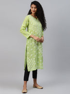 ADA Women Green & White Ethnic Motifs Chikankari Hand Embroidered Sustainable Kurta | Grocsy
