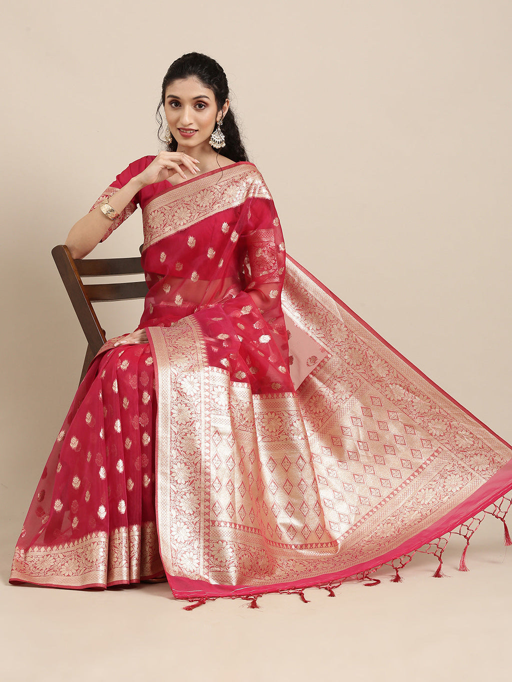 Saree Mall Red Ethnic Motifs Zari Organza Banarasi Saree | Grocsy