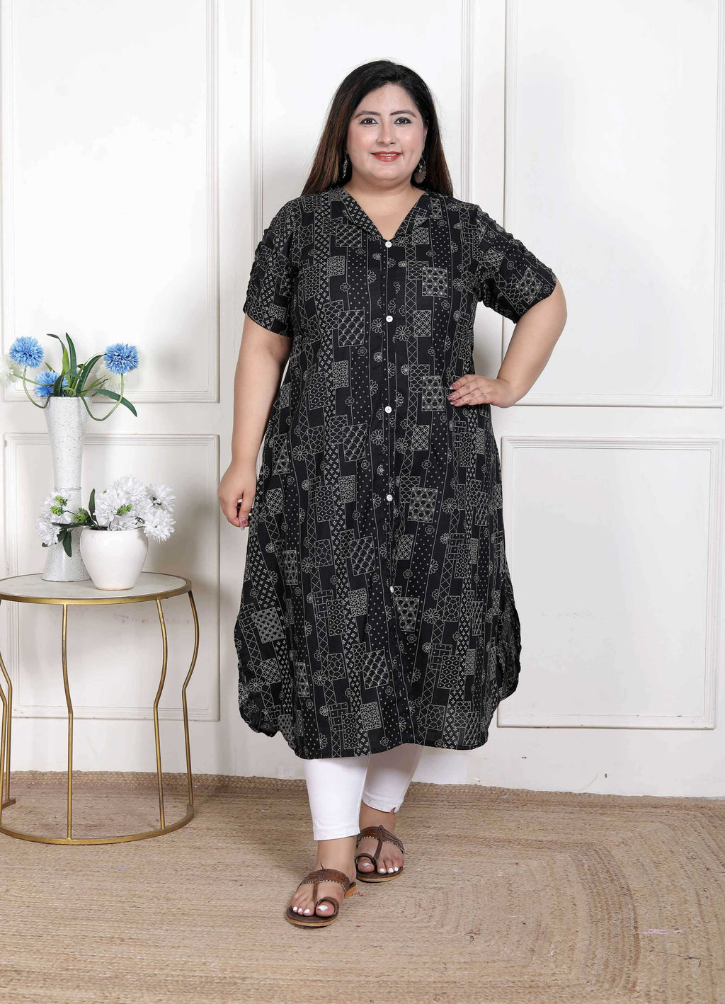 Miravan Women's Plus Size Pure Cotton Black Floral Printed Front Button A-Line Kurta | Grocsy