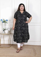 Miravan Women's Plus Size Pure Cotton Black Floral Printed Front Button A-Line Kurta | Grocsy