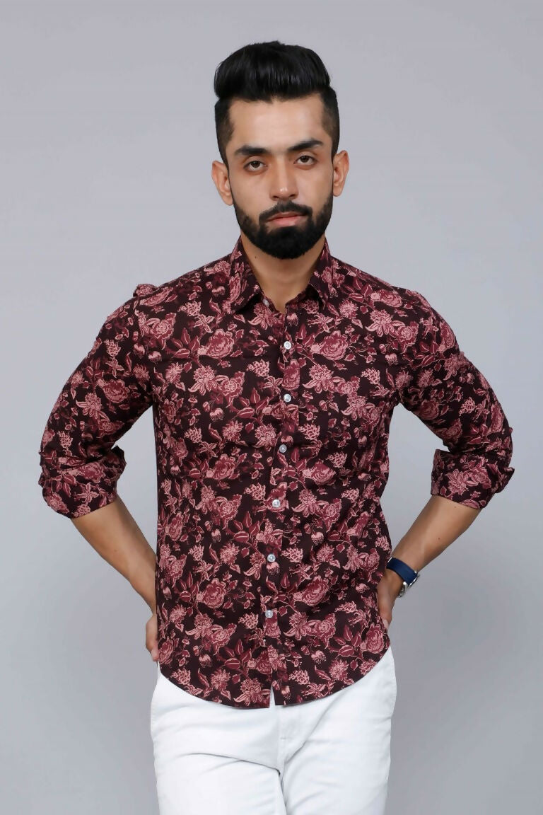 Miravan Men's Floral Slim Fit Long Sleeves Maroon Shirt | Grocsy