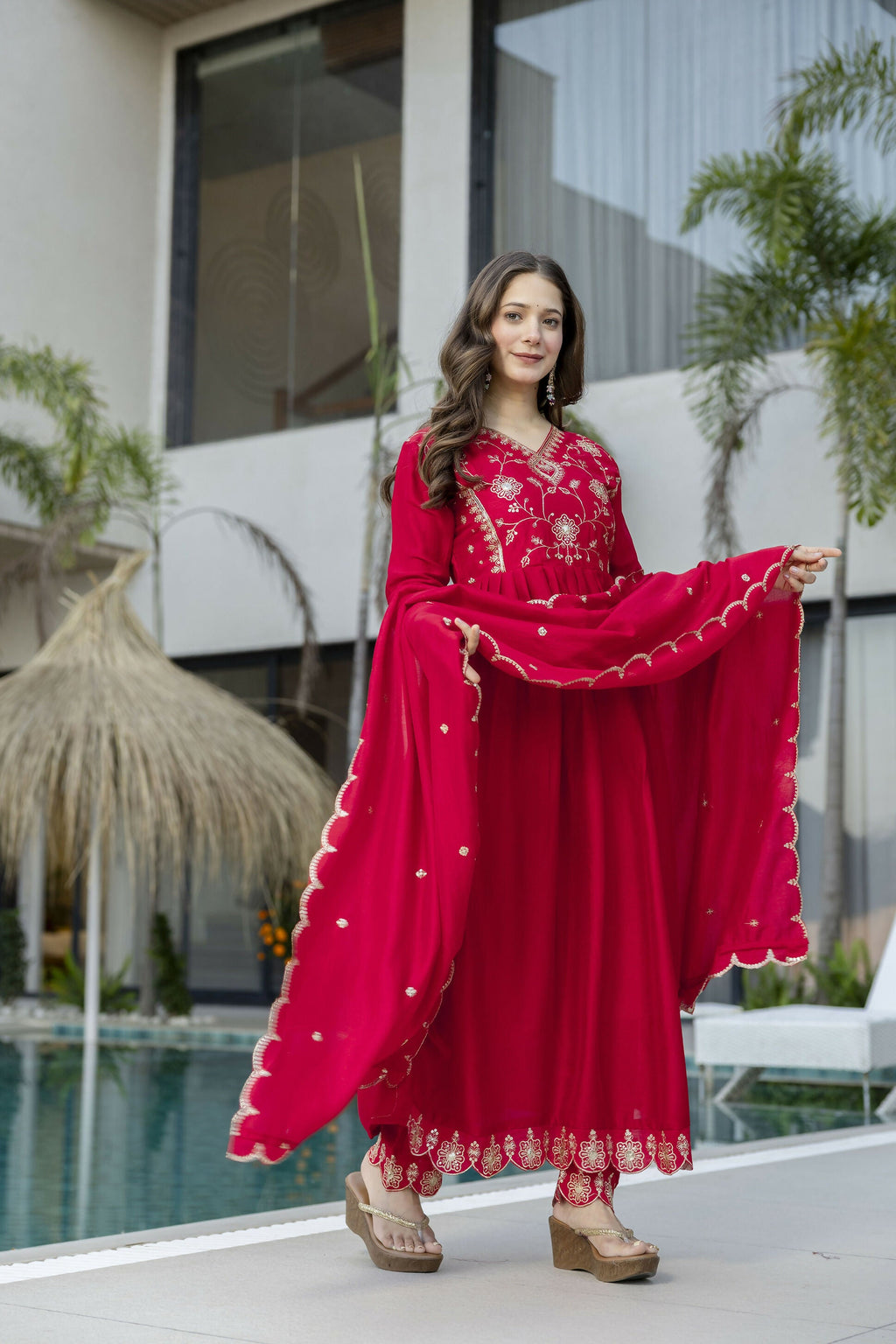 The52 Women's Beautiful Vichitra Silk Fabric Embroidery Work Flared Anarkali Pant and Dupatta Set | Grocsy
