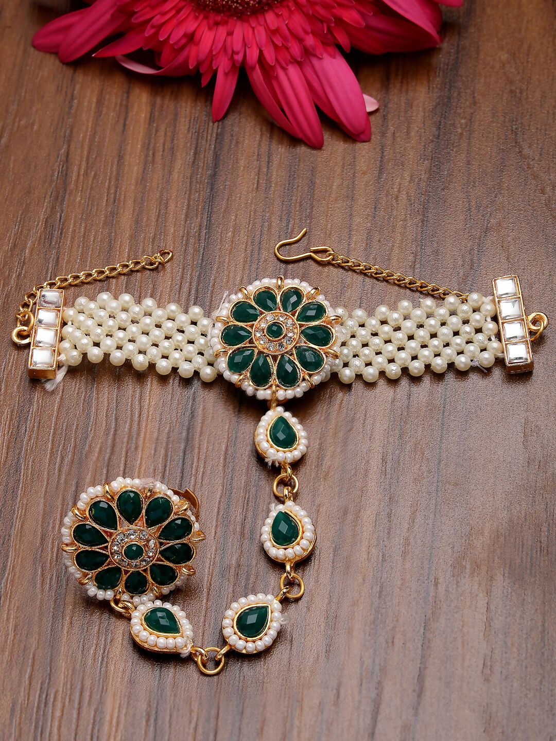 NVR Women's Green Gold-Polished Stone Studded Handcrafted Ring Bracelet | Grocsy