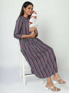 Manet Three Fourth Maternity Dress With Concealed Zipper Nursing Access - Navy Blue | Grocsy