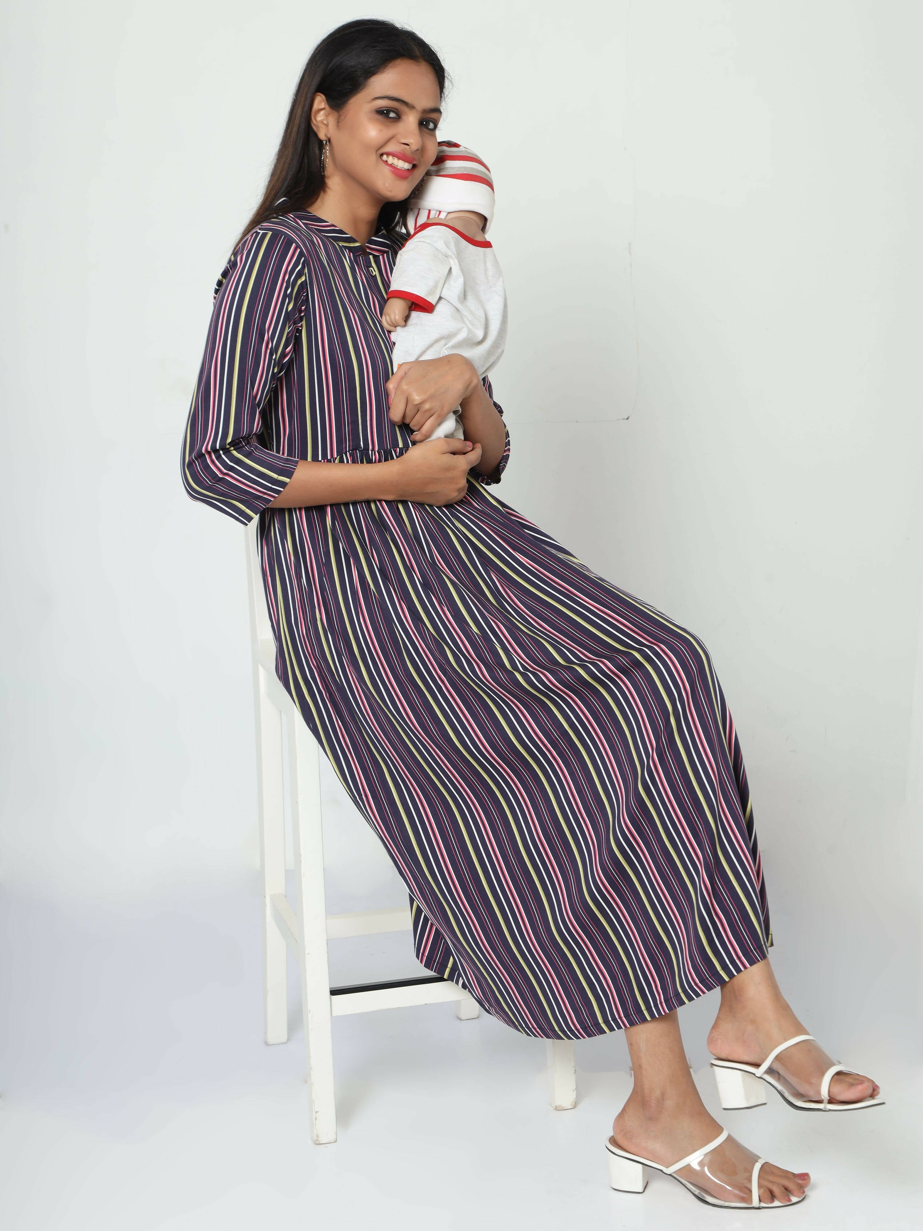 Manet Three Fourth Maternity Dress With Concealed Zipper Nursing Access - Navy Blue | Grocsy