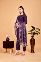 Women's Embroidered Purple Kurta Set with Dupatta Set - A2M | Grocsy