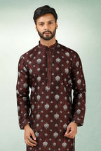 Raivat Ethnic Art Silk Printed Work Kurta Pajama In Brown Colour | Grocsy