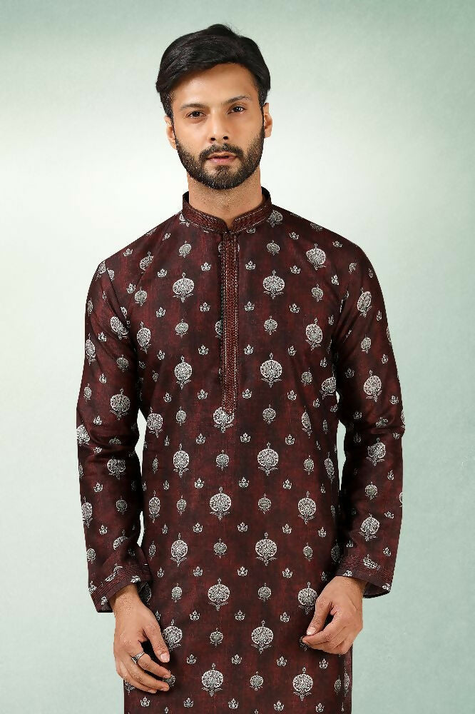 Raivat Ethnic Art Silk Printed Work Kurta Pajama In Brown Colour | Grocsy