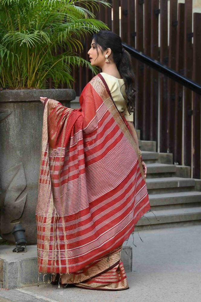 Beatitude Red Cotton Stripes Border Handloom Saree | Grocsy