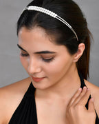 VOJ Silver Plated Pearl Studded Double Layer Hairband | Grocsy