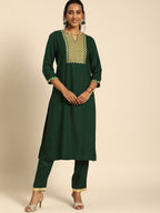 All About You Women Green Ethnic Motifs Yoke Design Regular Thread Work Kurta with Trousers | Grocsy