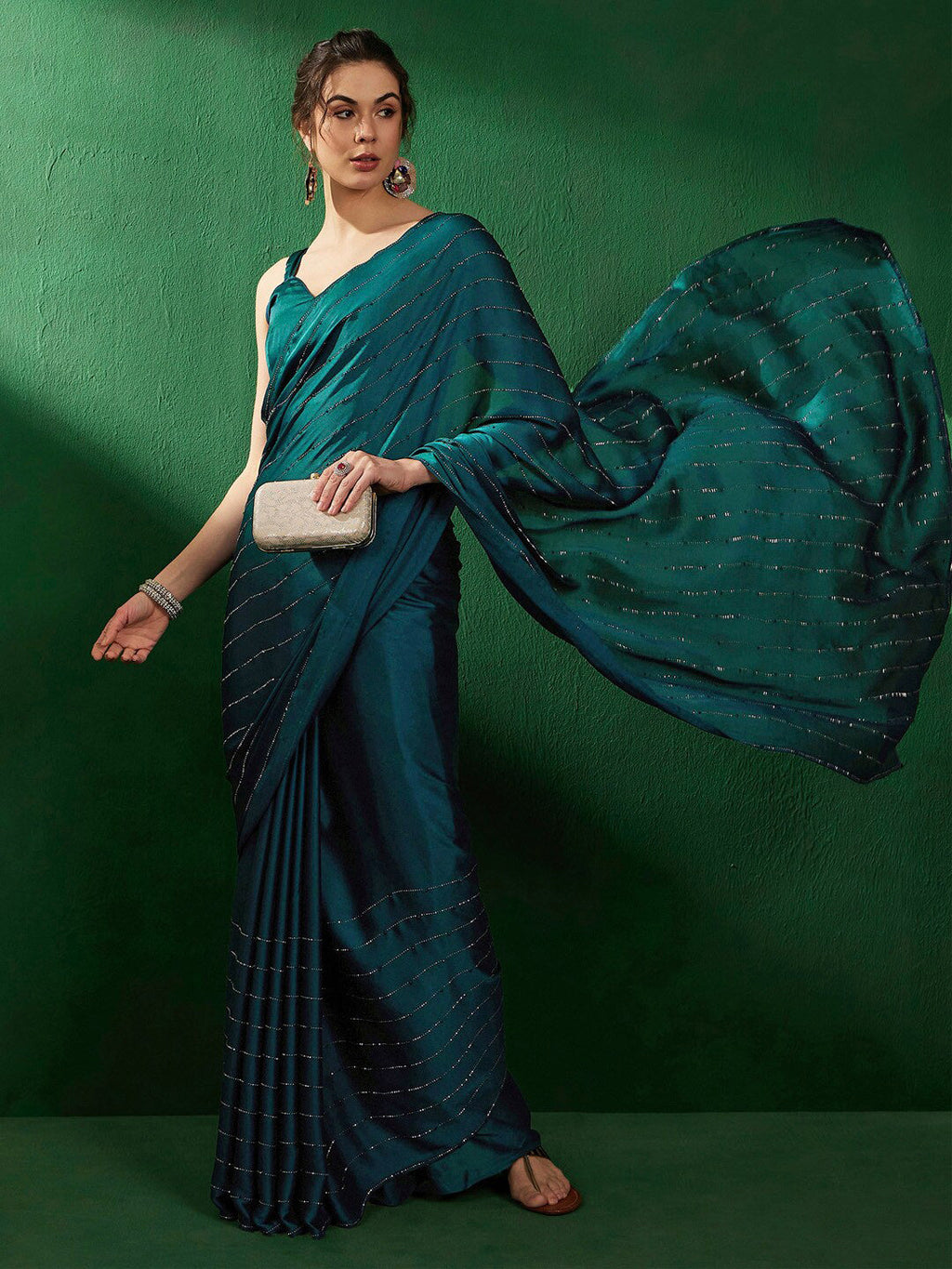 Sangria Striped Embellished Satin Beads and Stones Saree | Grocsy