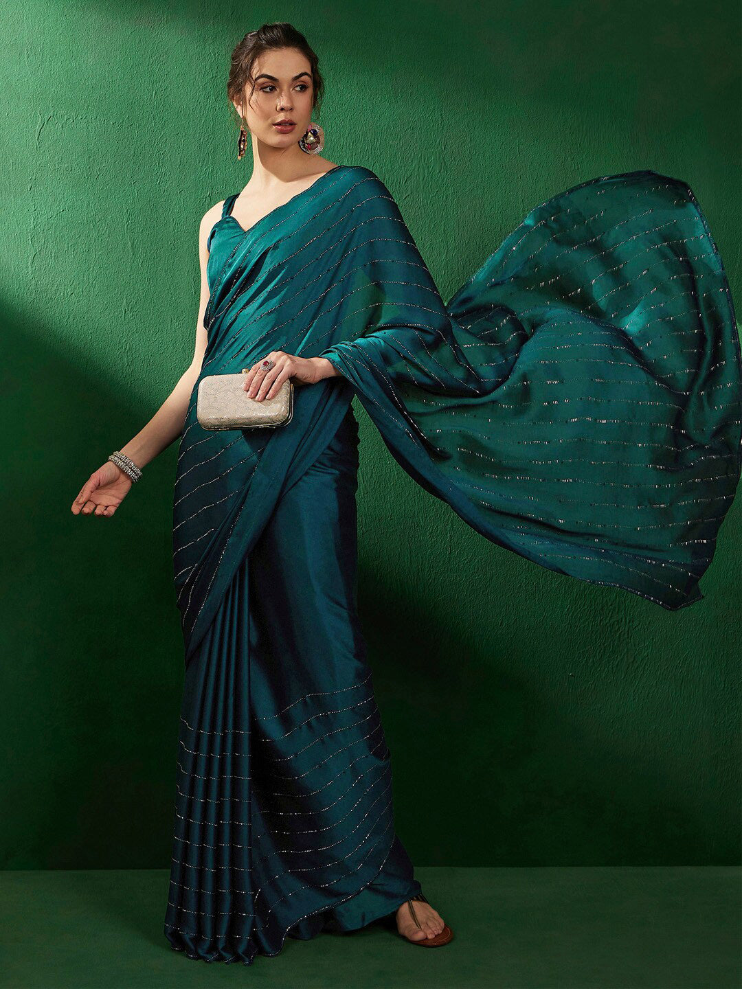 Sangria Striped Embellished Satin Beads and Stones Saree | Grocsy