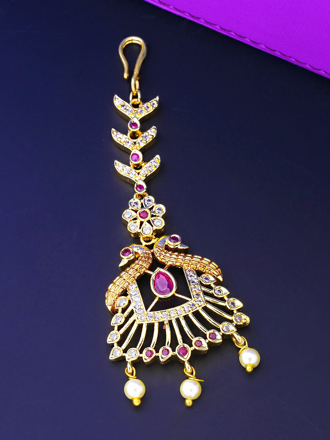 Yellow Chimes Women Gold -Toned Pink & White American Diamond Studded Handcrafted Maang Tikka | Grocsy