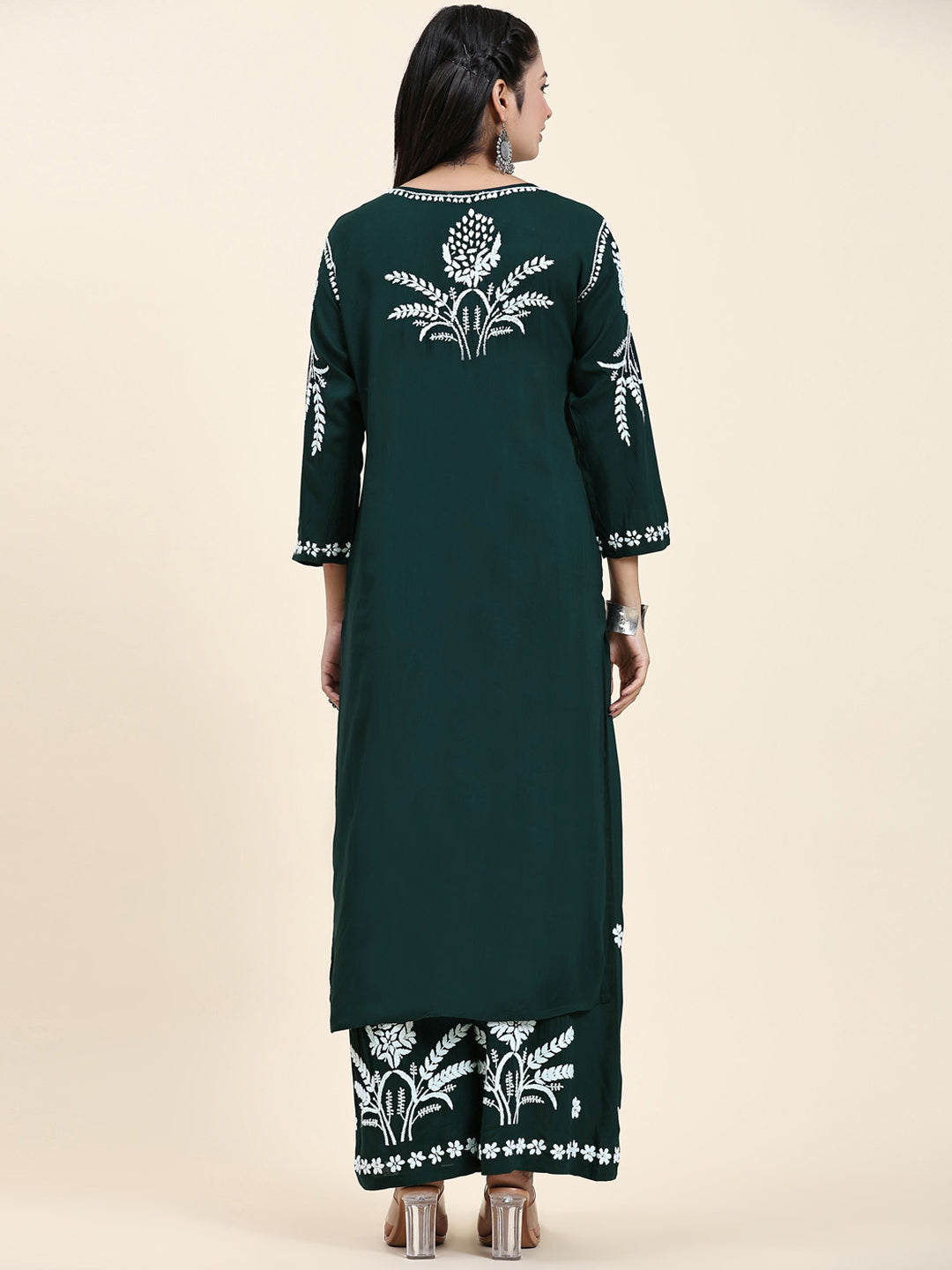 HOUSE OF KARI Floral Embroidered Chikankari Pure Cotton Straight Kurta With Palazzo | Grocsy