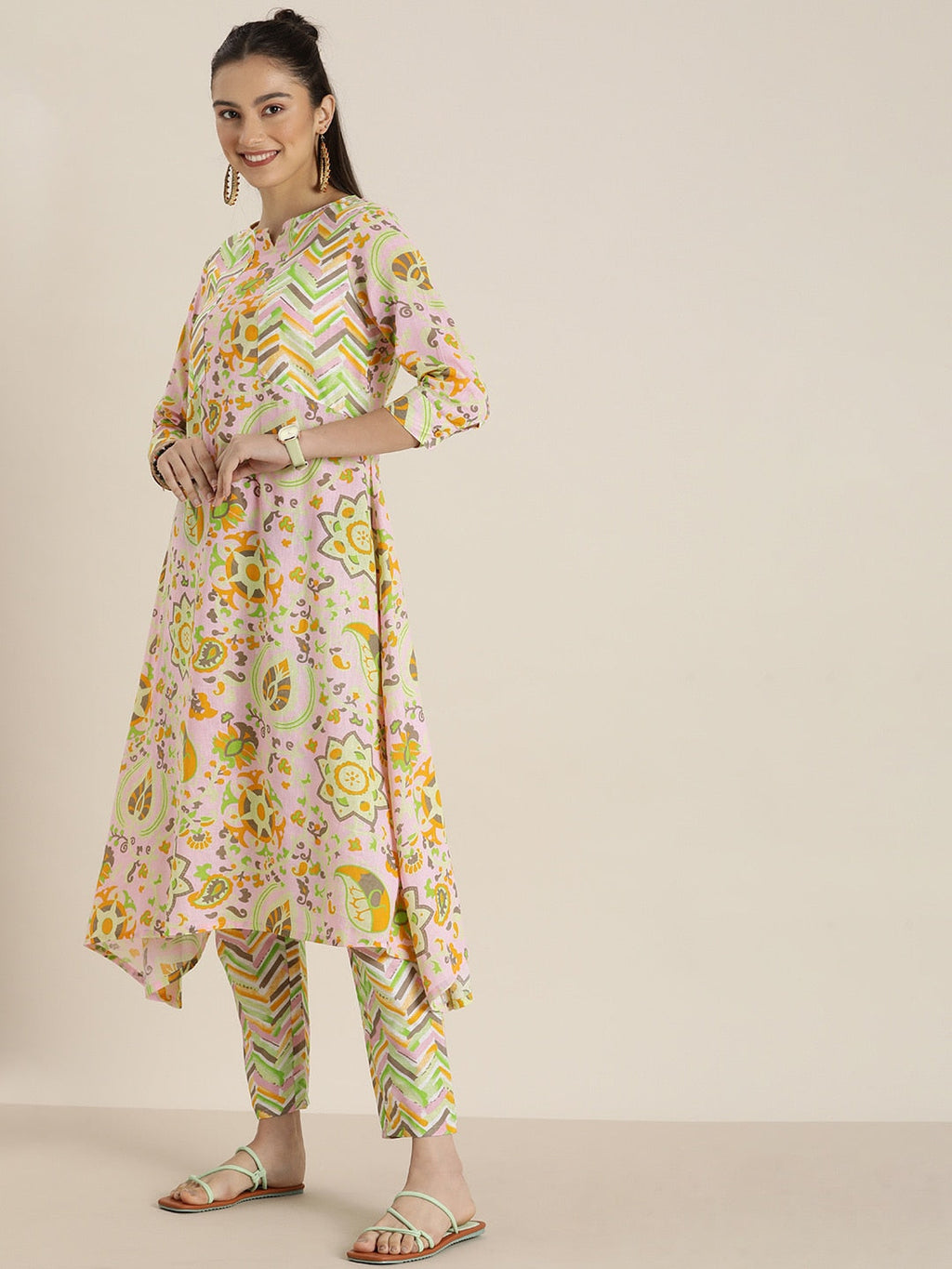 Sangria Women Pink & Yellow Ethnic Motifs Printed Cotton Kurta with Trousers & Dupatta | Grocsy