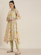Sangria Women Pink & Yellow Ethnic Motifs Printed Cotton Kurta with Trousers & Dupatta | Grocsy