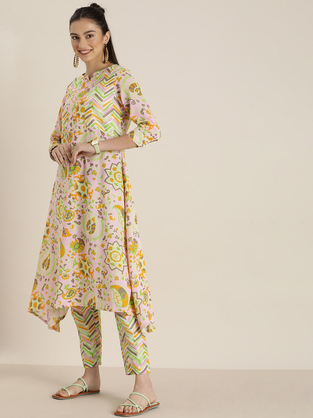 Sangria Women Pink & Yellow Ethnic Motifs Printed Cotton Kurta with Trousers & Dupatta | Grocsy