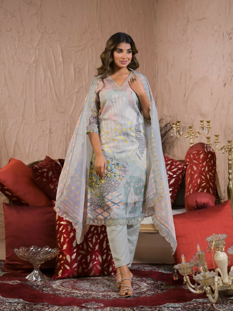 Ethnic Festive Wear Organza Pista Stitched Suit With Dupatta - Tanisha | Grocsy