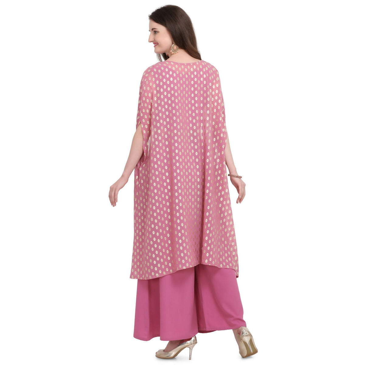 Vamika Crepe Rubber Print Pink Party Wear/Casual Wear/Office Wear Top Plazzo With Shrug | Grocsy