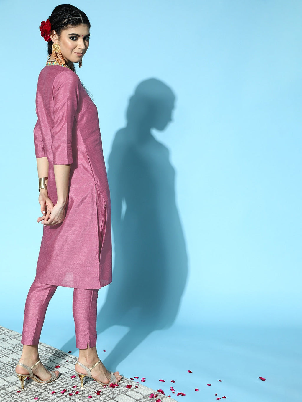 Sangria Women Mauve Yoke Design Straight Kurta with Trousers | Grocsy