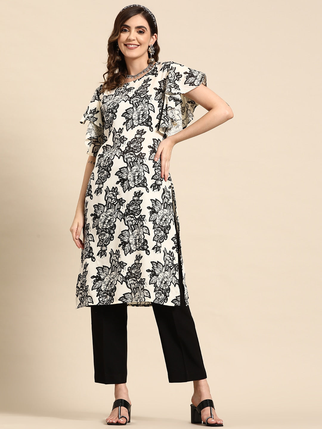 Sangria Floral Print Flutter Sleeves Kurta | Grocsy