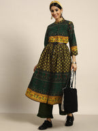 Sangria Women Green & Yellow Pure Cotton Ethnic Motifs Printed A-Line Kurta | Grocsy