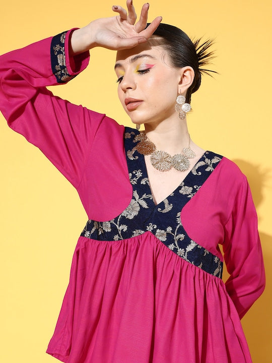 InWeave Women's Fuchsia Blue Brocade Mughal Shaan Kurta Palazzo Set | Grocsy