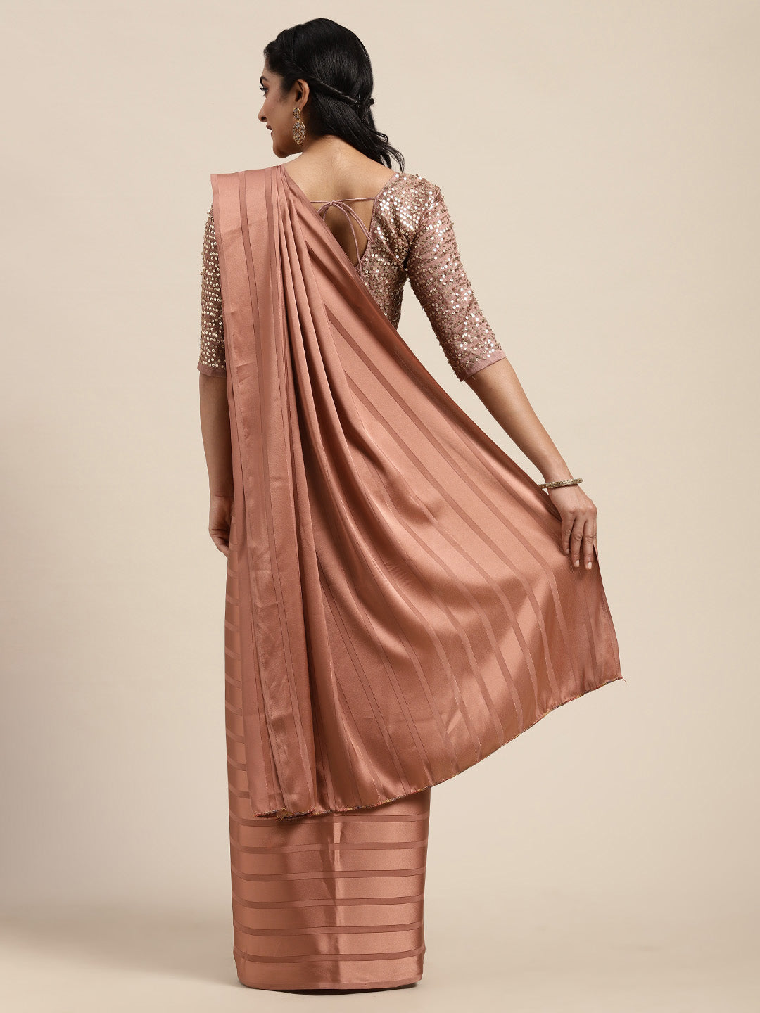 Saree Mall Brown Striped Satin Saree | Grocsy