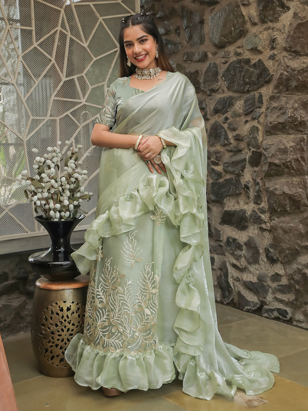Tikhi Imli Embellished Sequinned Ruffled Ready to Wear Satin Saree | Grocsy