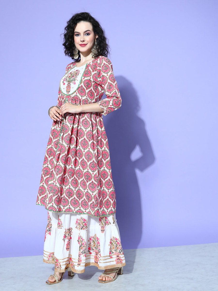All About You Women White Floral Printed Regular Gotta Patti Pure Cotton Kurta with Skirt & With Dupatta | Grocsy