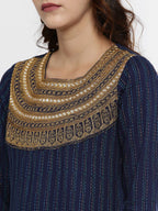 Souchii Navy Blue & Gold-Toned Striped A-Line Kurta | Grocsy
