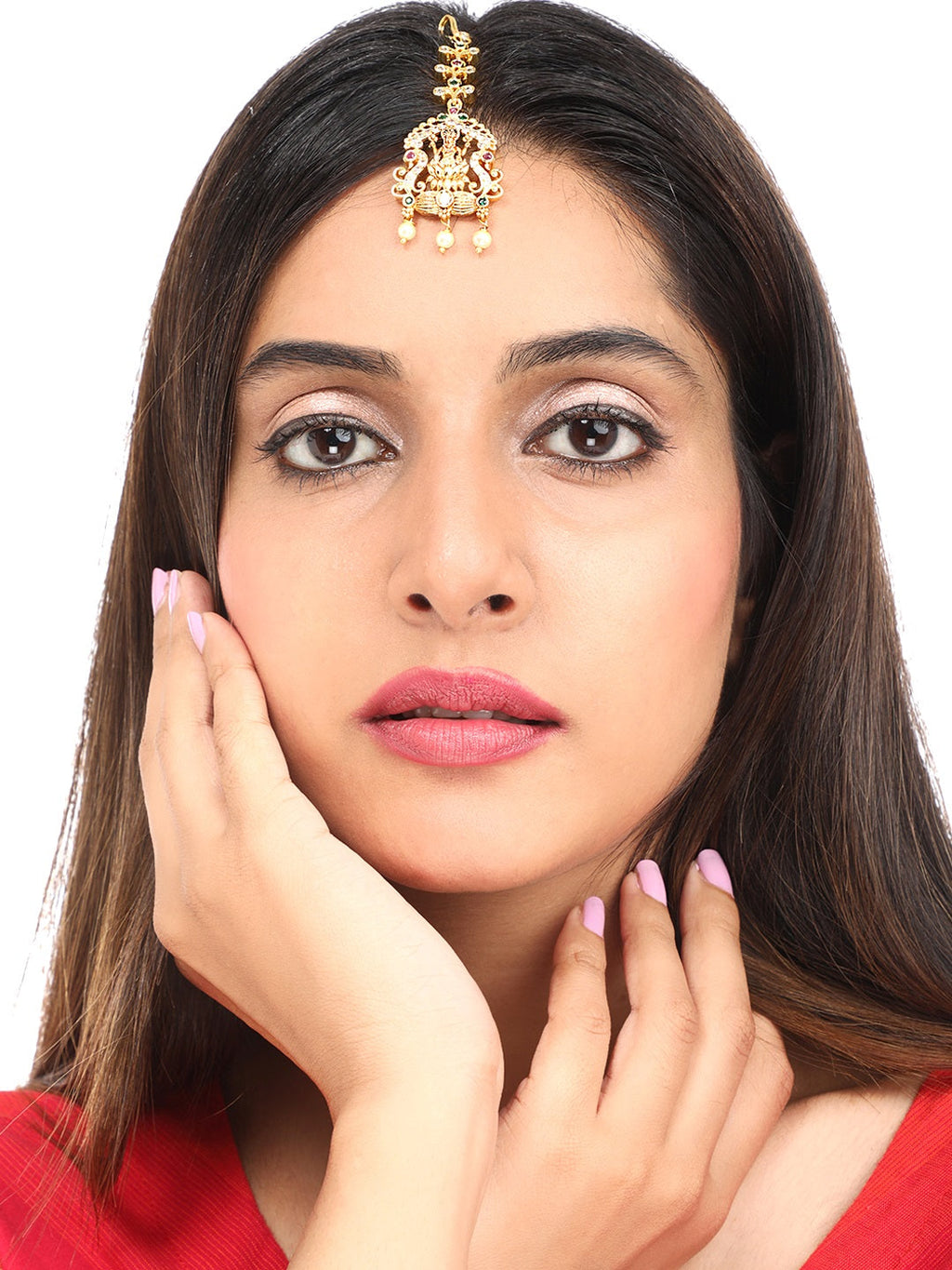 Yellow Chimes Women Gold-Polished White & Red Ad Studded Handcrafted Maang Tikka | Grocsy