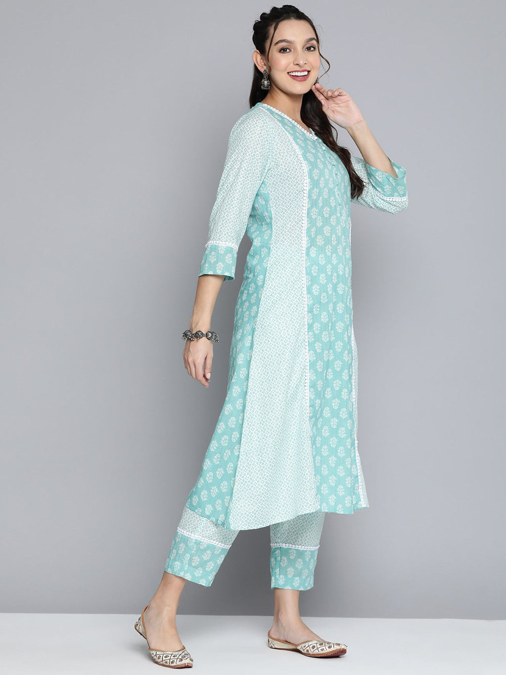 HERE&NOW Women Turquoise Blue Floral Printed Pure Cotton Kurta with Palazzos & With Dupatta | Grocsy